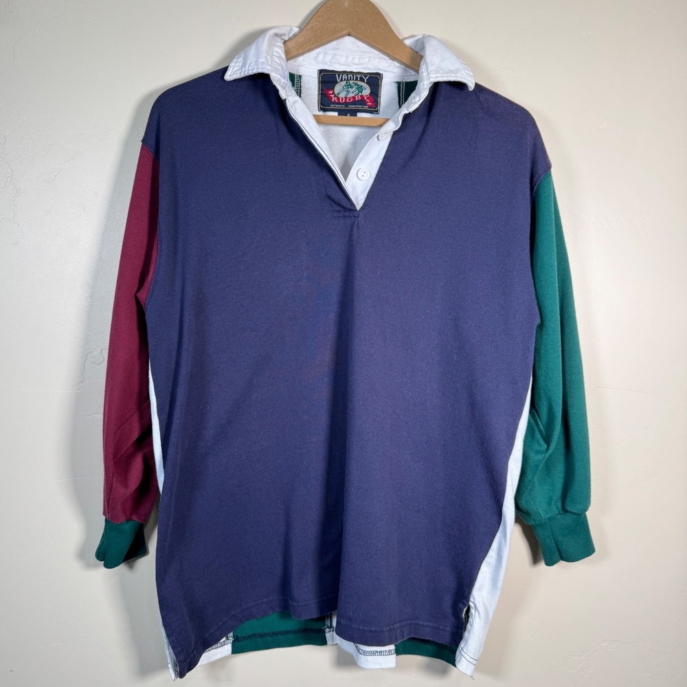 Vintage 90s Vanity Rugby Shirt Mens Small Colorblock Collared Long Sleeve Polo